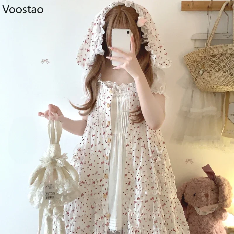 Original Sweet Lolita Style Mini Dress Women Cute Bunny Ears Hooded Cotton Coat Dress Girls Kawaii Rabbit Ears Trench Dresses