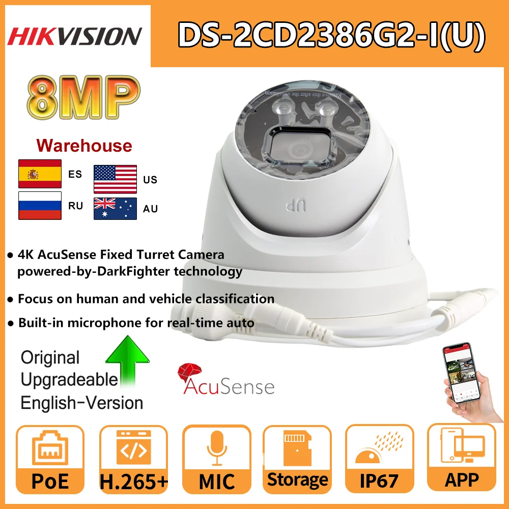 HIKVISION 8MP IP Camera 4K AcuSense Turret PoE DS-2CD2386G2-IU Human Vehicle Classification Built-In Mic SD Card Slot H265+ IP67