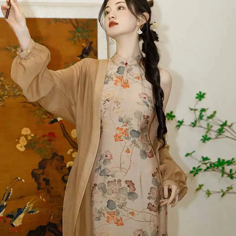 

Women Improved Hanfu Set New Chinese Style Dress Set Vintage Flower Print Cheongsams Elegant Qipao Lady Spring Summer Vestidos