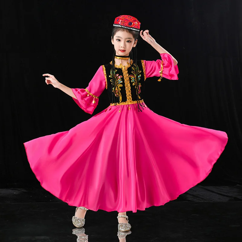 Costumi di danza uigura dello Xinjiang per ragazze Costume di danza popolare di minoranza nazionale antica Abbigliamento da ballo moderno per bambini