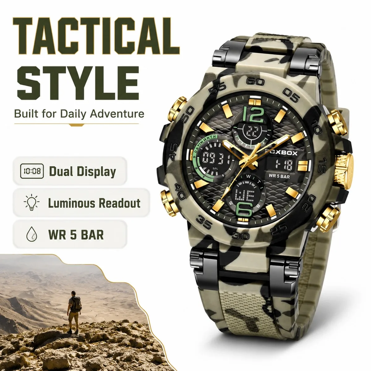FOXBOX Tactical Military Men's Watches Waterproof Dual Display Quartz Wristwatch For Male Clock Stopwatch Relogios Masculino+Box