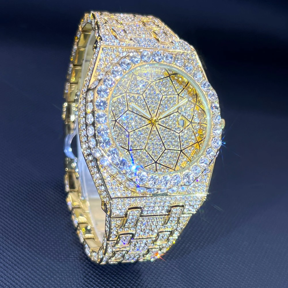 MISSFOX Luxury Gold Iced Out Men Watch Full Rhinestone Octagonal Dial Date Alloy Case Hip Hop Quartz Wristwatch Reloj Hombre