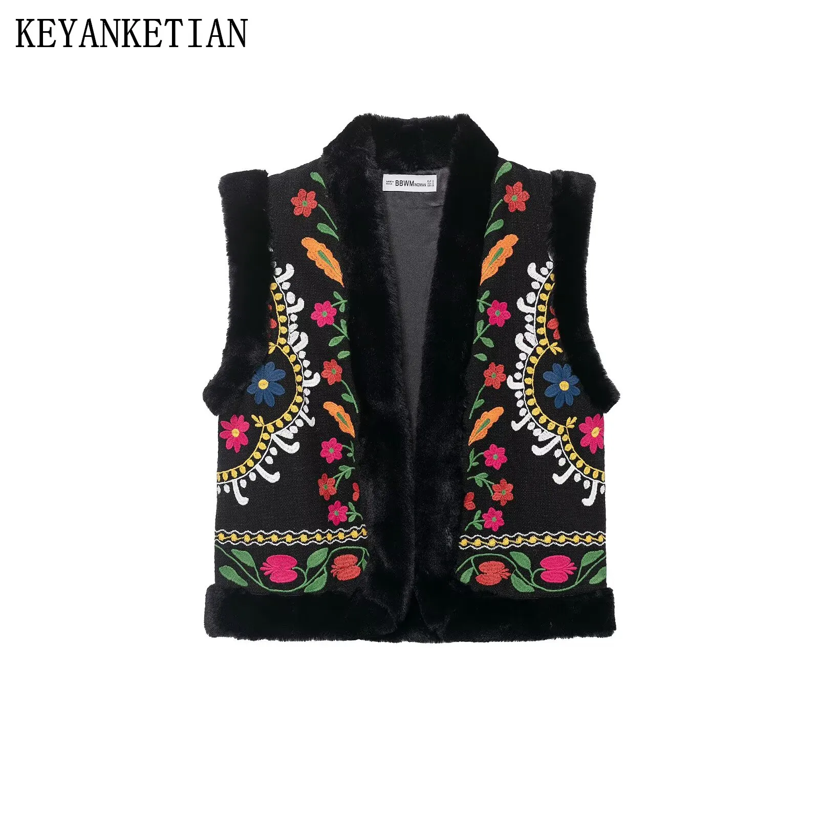

KEYANKETIAN 2025 Winter New Women's Home Fur Decoration Flower Embroidered Waistcoat Vest Holiday wind Sleeveless Crop Outerwear