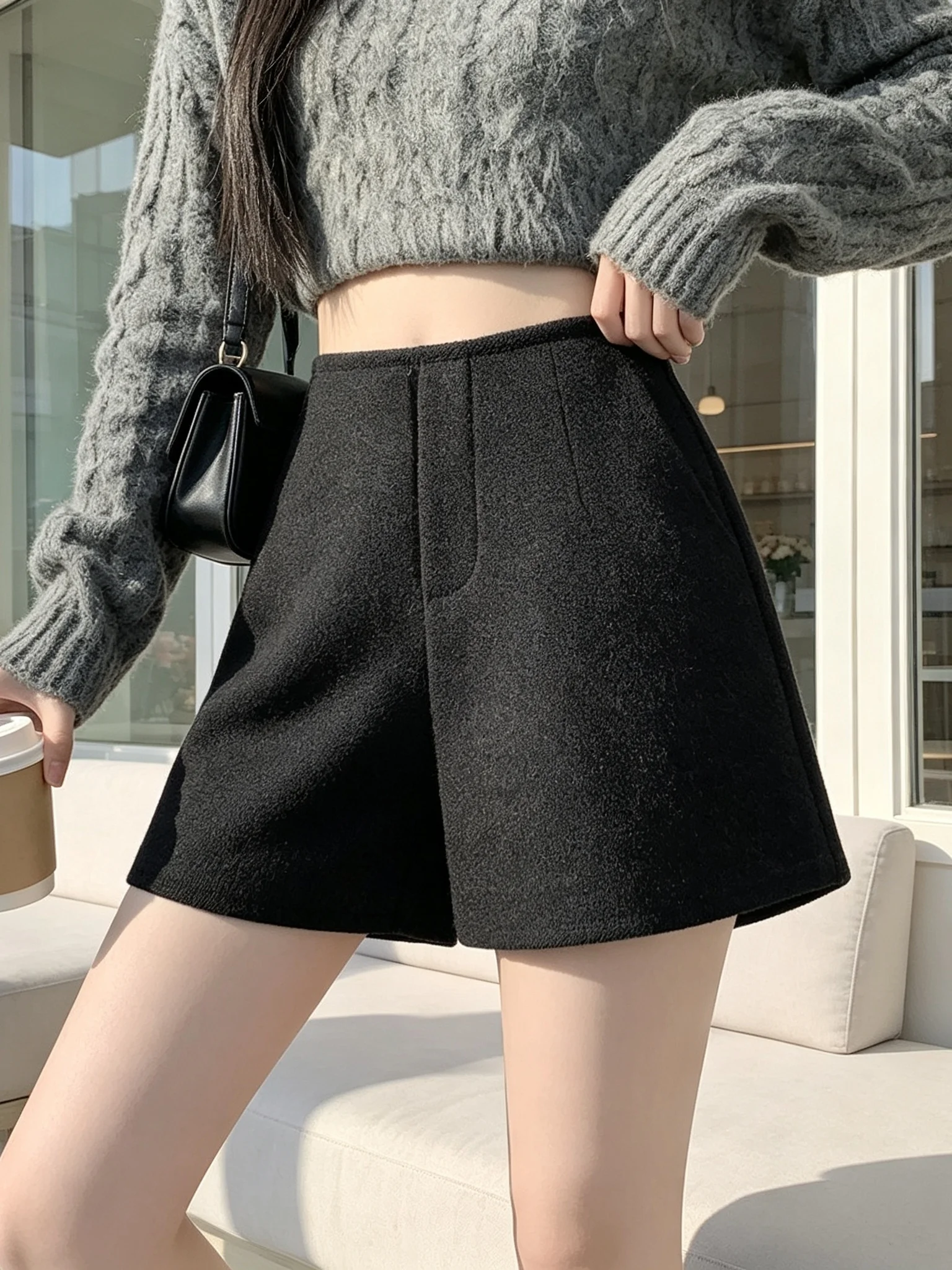 High Waist A-Line Woolen Short Pants Women's Fashion Korean Style Autumn Winter New Arrival Straight Leg Base Layer Boot Pants
