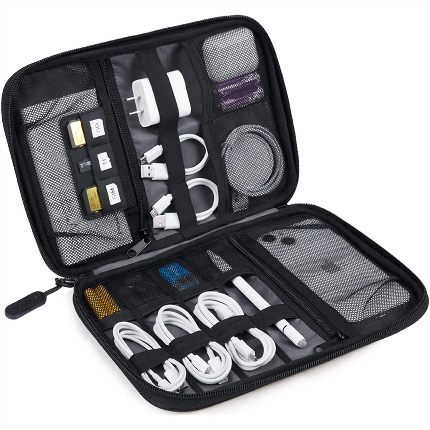 Large Electronics Travel Organizer Case for Tech Accessories, Cord Storage Bag with Mesh Pockets and Elastic Loops for Phone