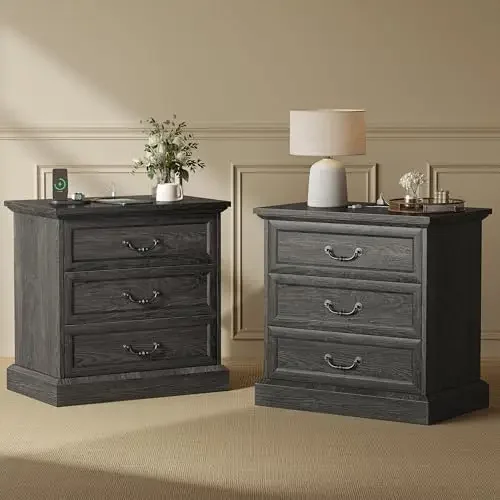 Nightstand with Charging Station, 3 Drawer Night Stand Set of 2, 22 Inch Wider Side Table with Storage, Farmhouse