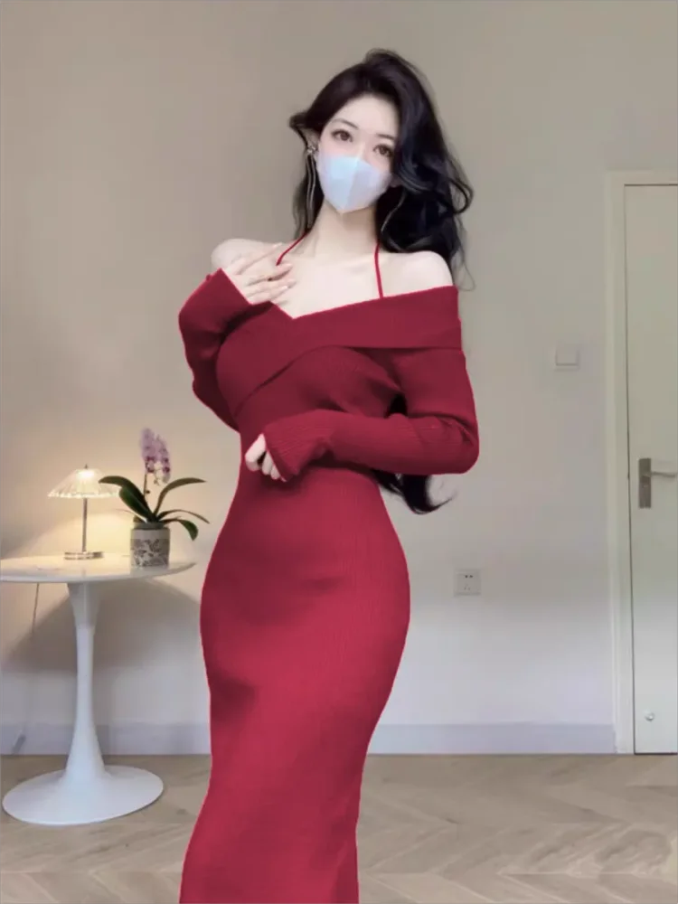 

Knitted Dresses Women Long Sleeve Criss Cross V Neck Solid Slim Stretch French Style Chic Basic Elegant Dress Ladies