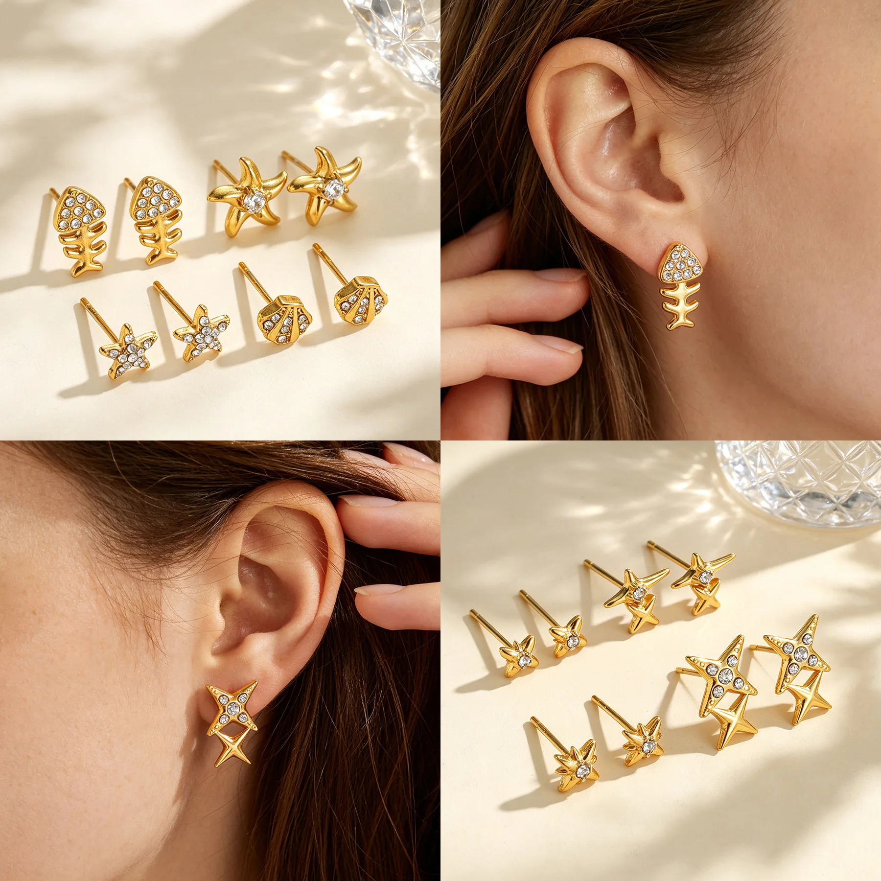 Compact Delicate Gold plated Stainless Steel Zircon Ocean Stars Earrings for Women Shiny Lovely Hypoallergenic Daily Jewelry