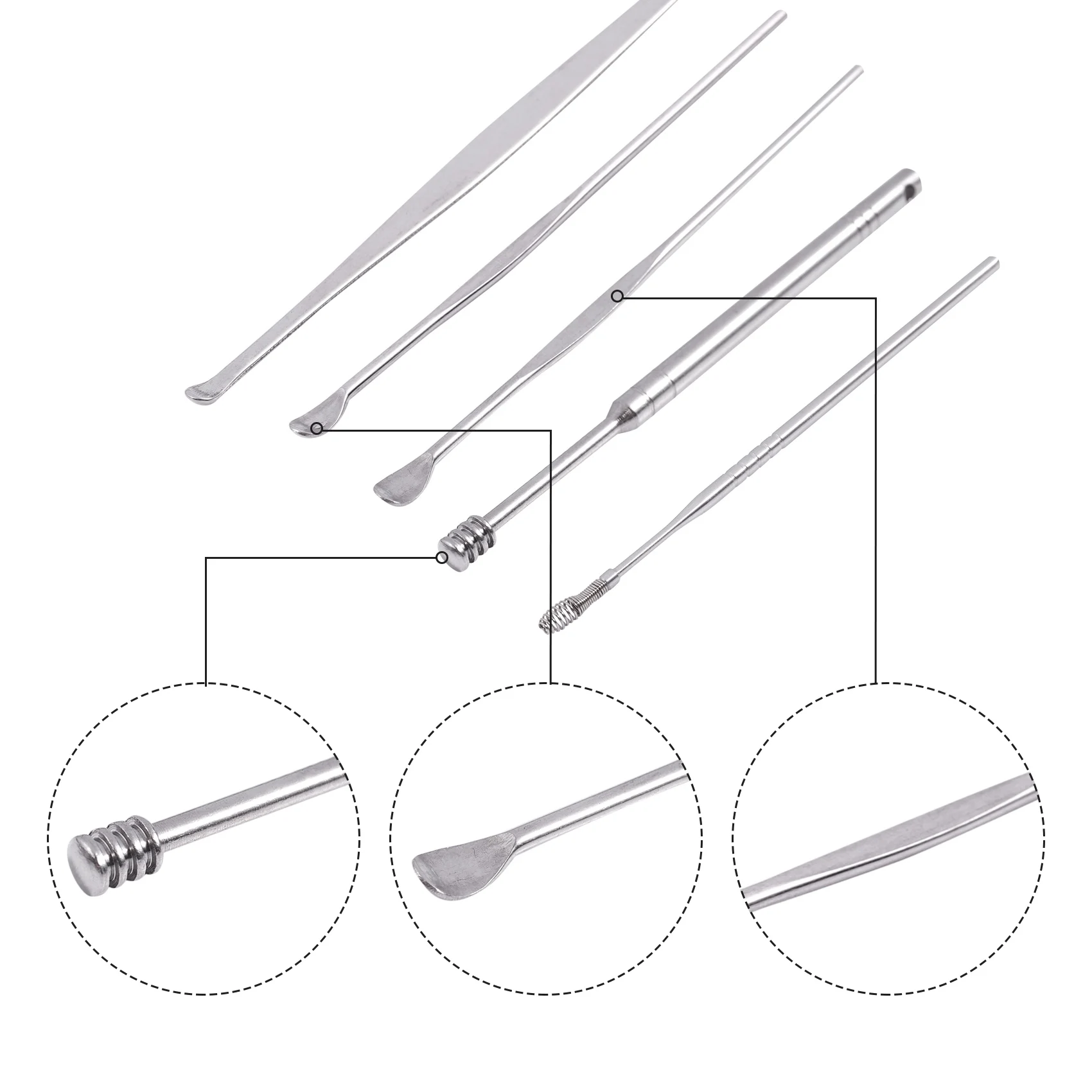 AT13 5 Pcs/Set Unisex Stainless Steel Spiral Ear Pick Spoon Ear Wax Removal Cleaner Ear Care Beauty Tools Multifunction Portable
