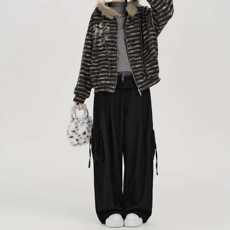 American Retro Striped Splicing Straight-Leg Women's Casual Pants 2025 Autumn Winter New Loose Wide-Leg Long Trousers Ladies