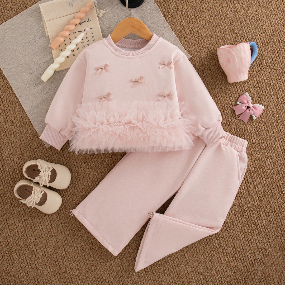 

Spring Autumn Toddler Girl Set Bow Long Sleeve Tops and Pants Two Pieces Adorable Pink Knit Set for Girls Daily Casual Wear