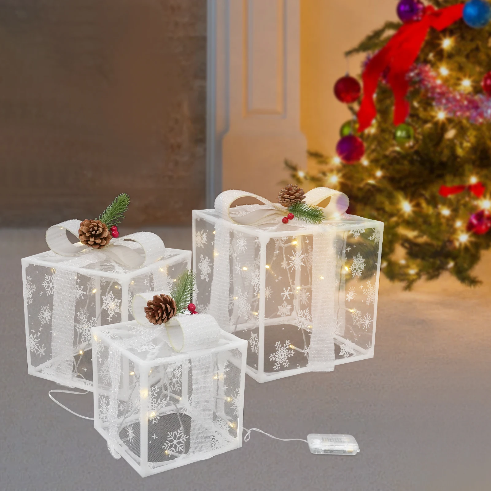 Boîtes Cadeaux Lumineuses Décorations de Noël LED Flocons de Neige Maille Pommes de Pin Nœuds Lumineux Blanc Chaud Durables pour Fêtes et Festivals