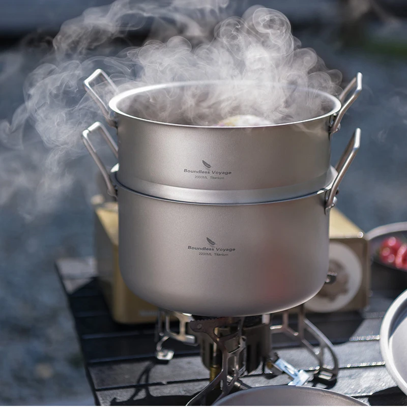 Boundless Voyage Ultralight Titanium Steamer Cookware Set for Travel Camping Picnic Hiking Big Capacity Kitchen Cooking Sout Pot