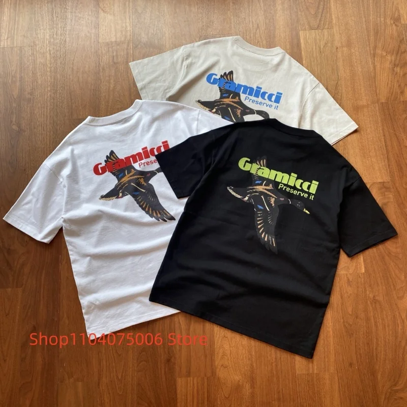 Men Oversized Cotton T-Shirt Gramicci Back Flying Mallard Duck Print Outdoor Casual Basic Tee