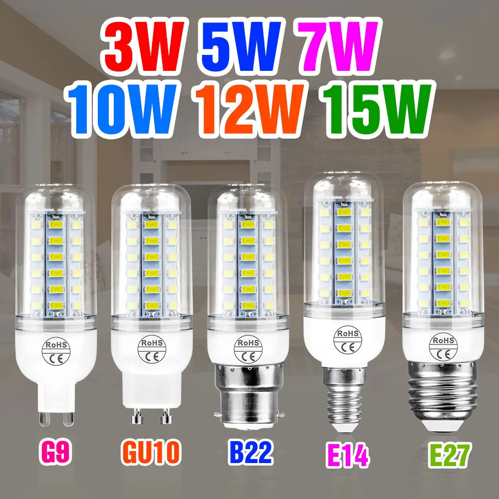 15W E27/E26 LED ampoule de maïs E14 plafonnier GU10 projecteur B22 lustre G9 pour la maison chambre salon éclairage intérieur AC 220V