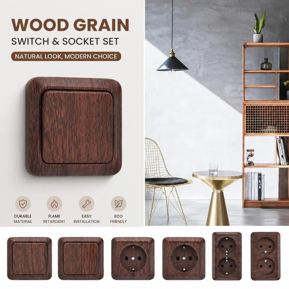 Modern Plastic Wall Switch Wood Grain EU Standard Rocker Light Switch Square Power Socket Exterior Wall