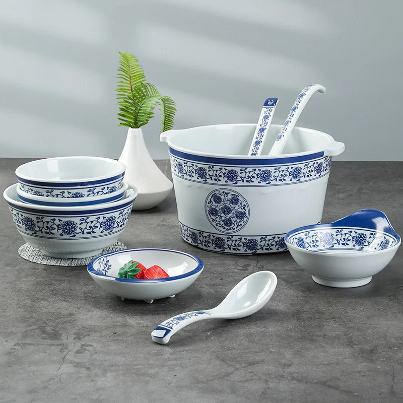 Blue And White Imitation Porcelain Dinner Plates Snack Tray  Soup Rice Bowl Spoon Plastic Creative Hotel Restaurant Sushi Plate