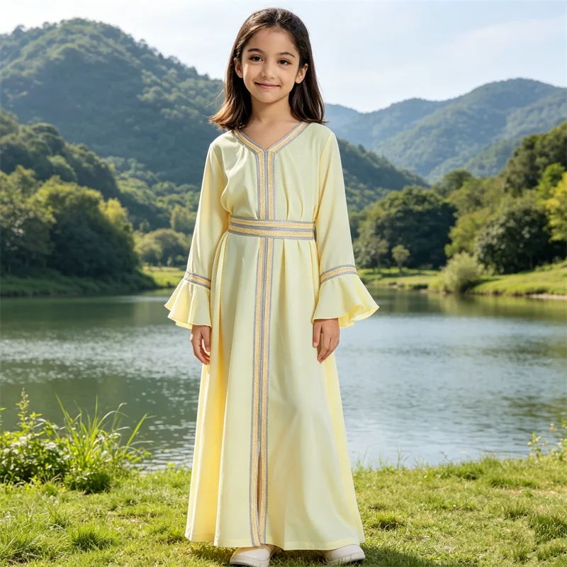 Abaya para Meninas, Vestido Maxi Casual para o Eid e Ramadan, Caftan Islâmico para Crianças, Robe Árabe, Jalabiya