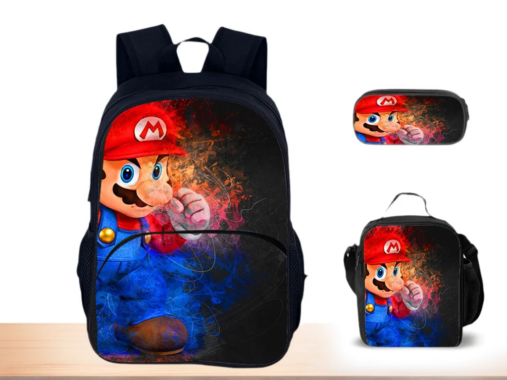 

3 in 1 Backpack Set-Super Mario Multifunction Elementary Children Rucksack+Insulated Lunch Box+Pencil Case for Little Boys Girls