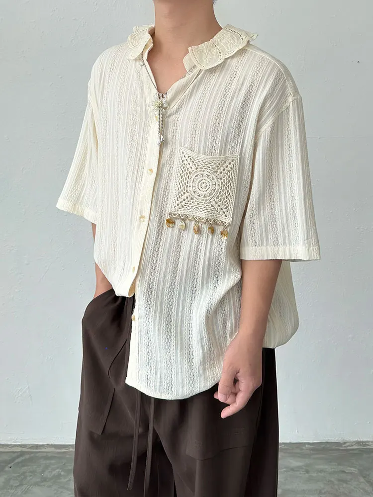 BKYC Vintage Lace Trim Hollow out Collar Tassel Short Sleeve Loose Cotton Shirt Unisex Holiday Casual Style Four Seasons Wear