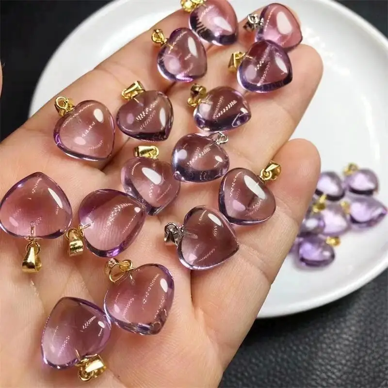 5pcs Natural Amethyst Heart Pendant Crystal Carving Polishing Mature Charm Jewelry Birthday Present Holiday Gift 9-10mm