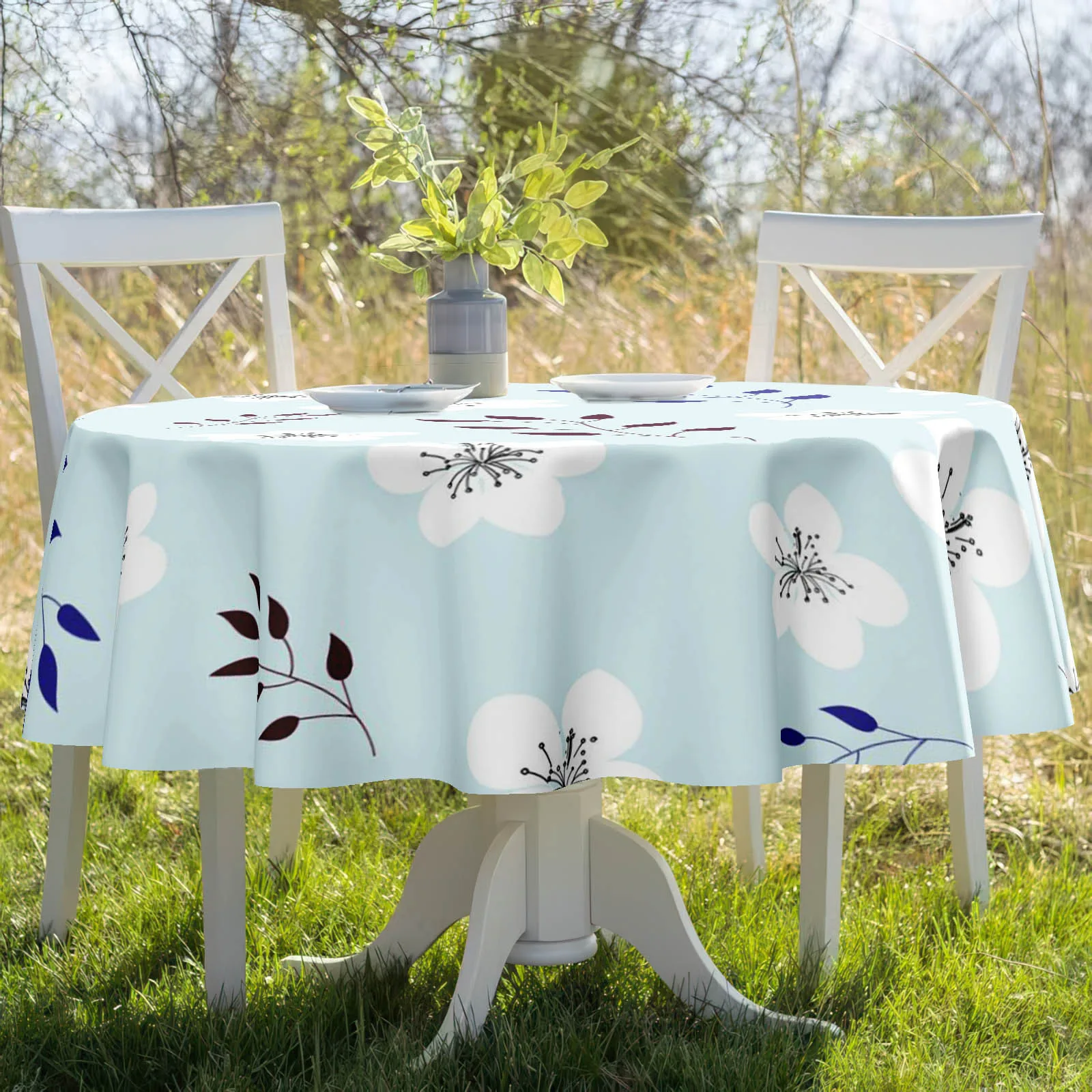1 PC Light blue background, white flowered fresh floral pattern tablecloth.zyc