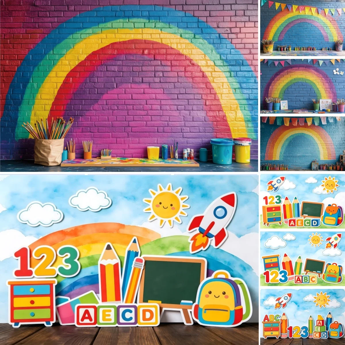 Back To School Photography Backdrop Rainbow Balloons Classroom Room Wall Decor Learning Tools Children Portrait Photo Background