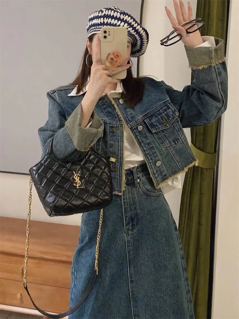 Advanced Age Reducing Internet Celebrity Salt Series Dress Up Sister Style Cowboy Coat Half Skirt Two Piece Set Autumn Women WLF