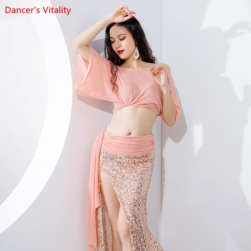 Belly Dance Practice Suit for Women Bellydancing Yarn Short Sleeves Top+Mermaid Sequin Skirt Oriental Dance Exercise Clothing