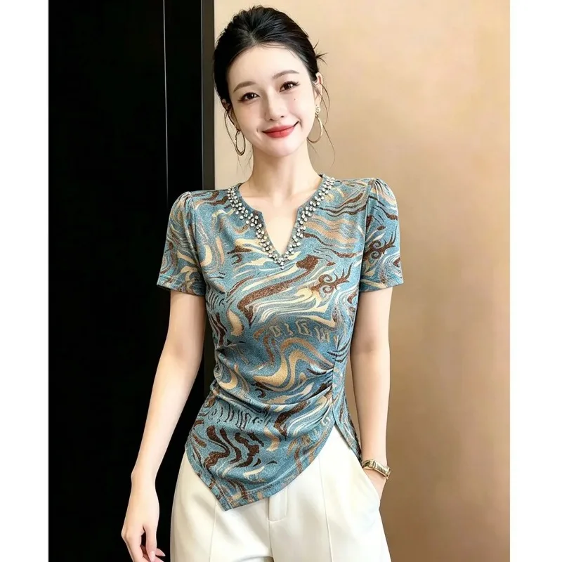 Women Elegant Rhinestone V Neck Swirl Print Mesh Top Puff Sleeve Ruched Irregular Slim Fit Summer Blouse