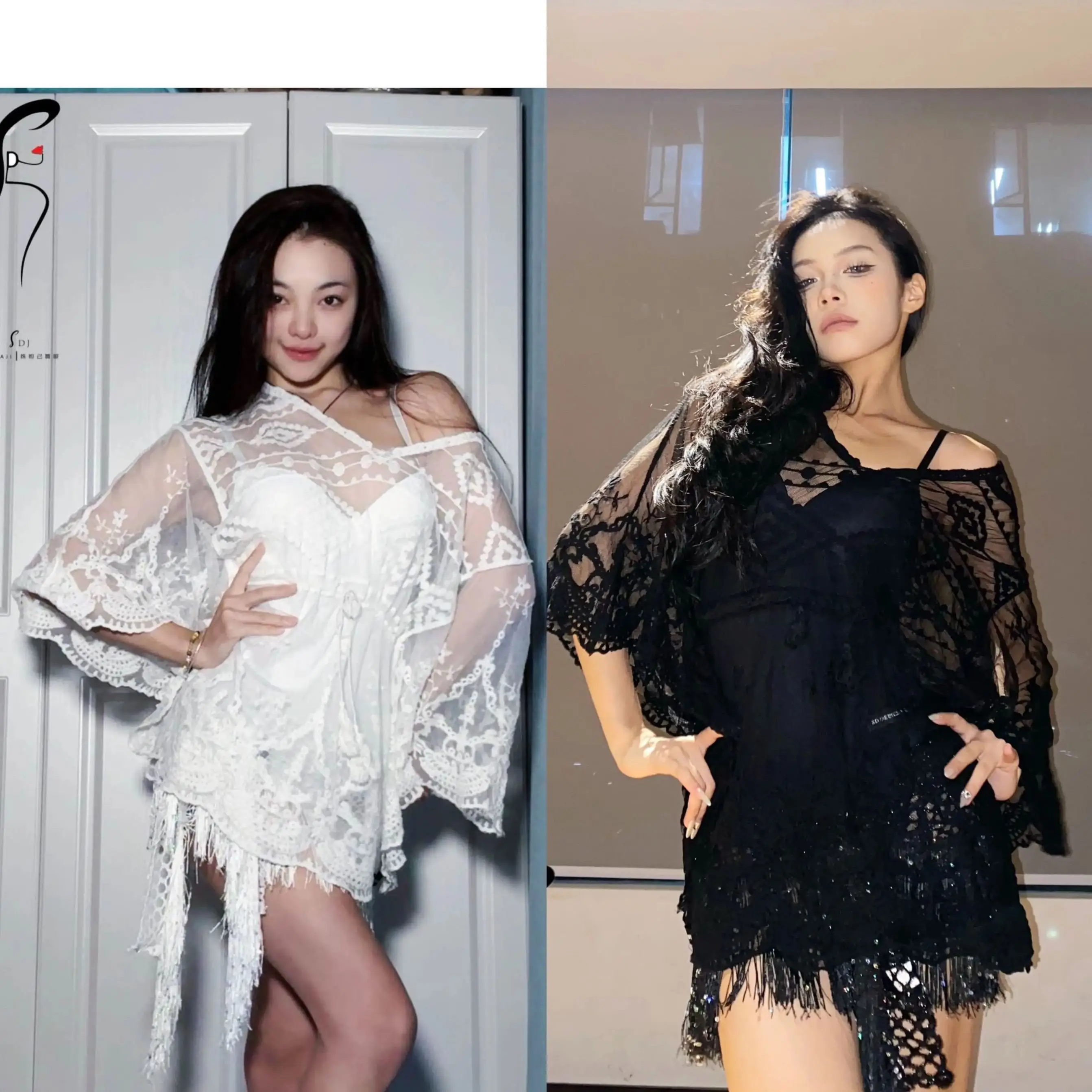 

Sexy Latin Dance Dress Women White Black Lace Loose Smock Leotards Net Fringe Skirt Rumba Cha Cha Performance Costume DNV22040