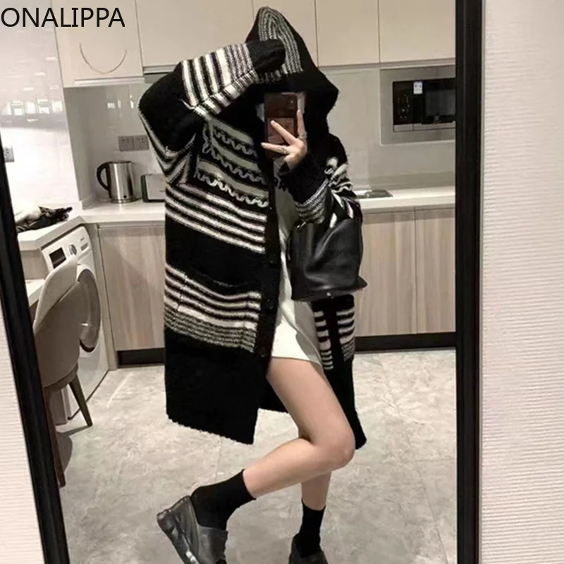 

Onalippa Contrast Unique Jacquard Pattern Mid-length Cardigan Hooded Contrast Oversized Cardigans Korean Single Breasted Sweater