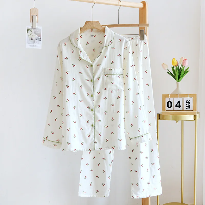 Spring Cotton Double Gauze Household Clothes Suit Long-sleeved Trousers Casual Pajamas for Women Loose Comfortable Sleepwear