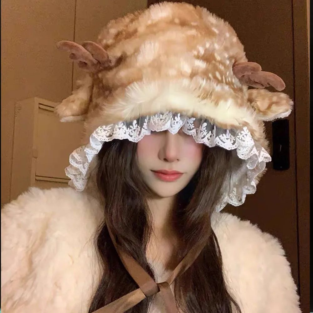 Milu Deer Beanies Y2K Hat Lace Faux Fur Plush Reindeer Furry Boots Socks Cover Gothic Cap Leg Warmers Performance Costume Access