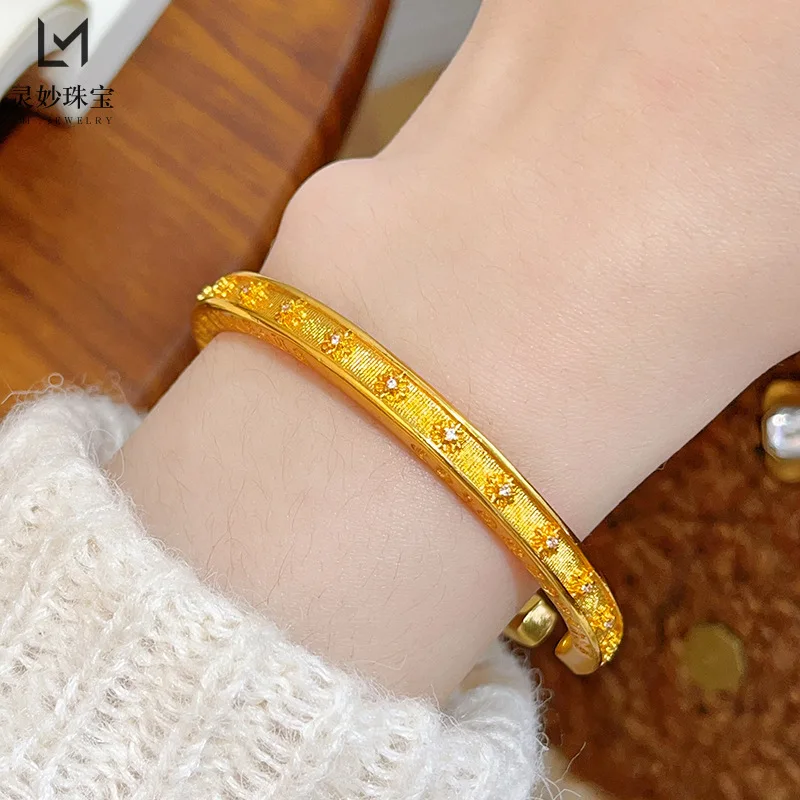 

9999 Chinese style 24K real gold dot diamond open square bracelet brushed letter bracelet versatile gift for girlfriend
