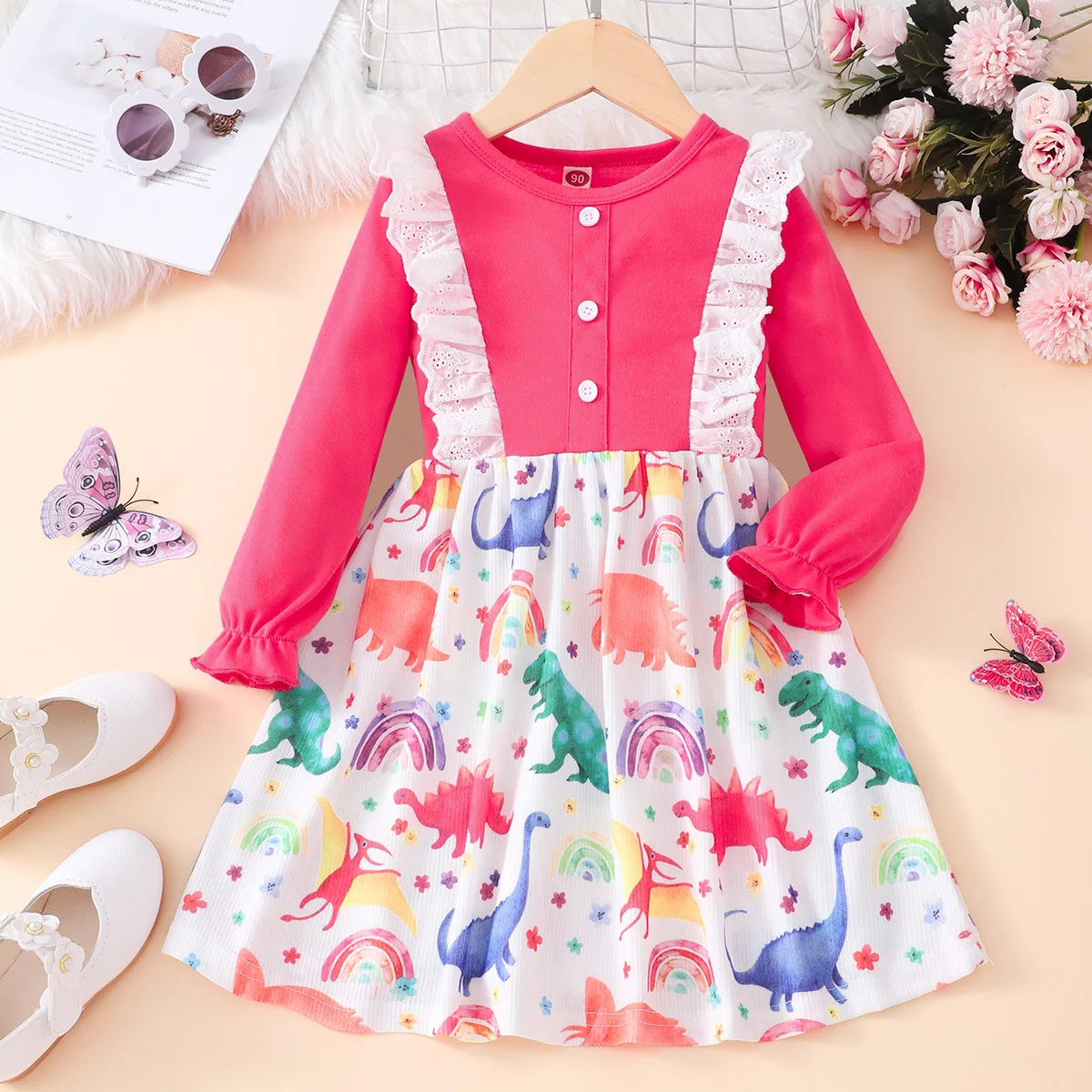 

Children's Dress Spring 2024 New long sleeve dress Lace flower everyday casual dress 90-130, suitable for girls 1-8 years old