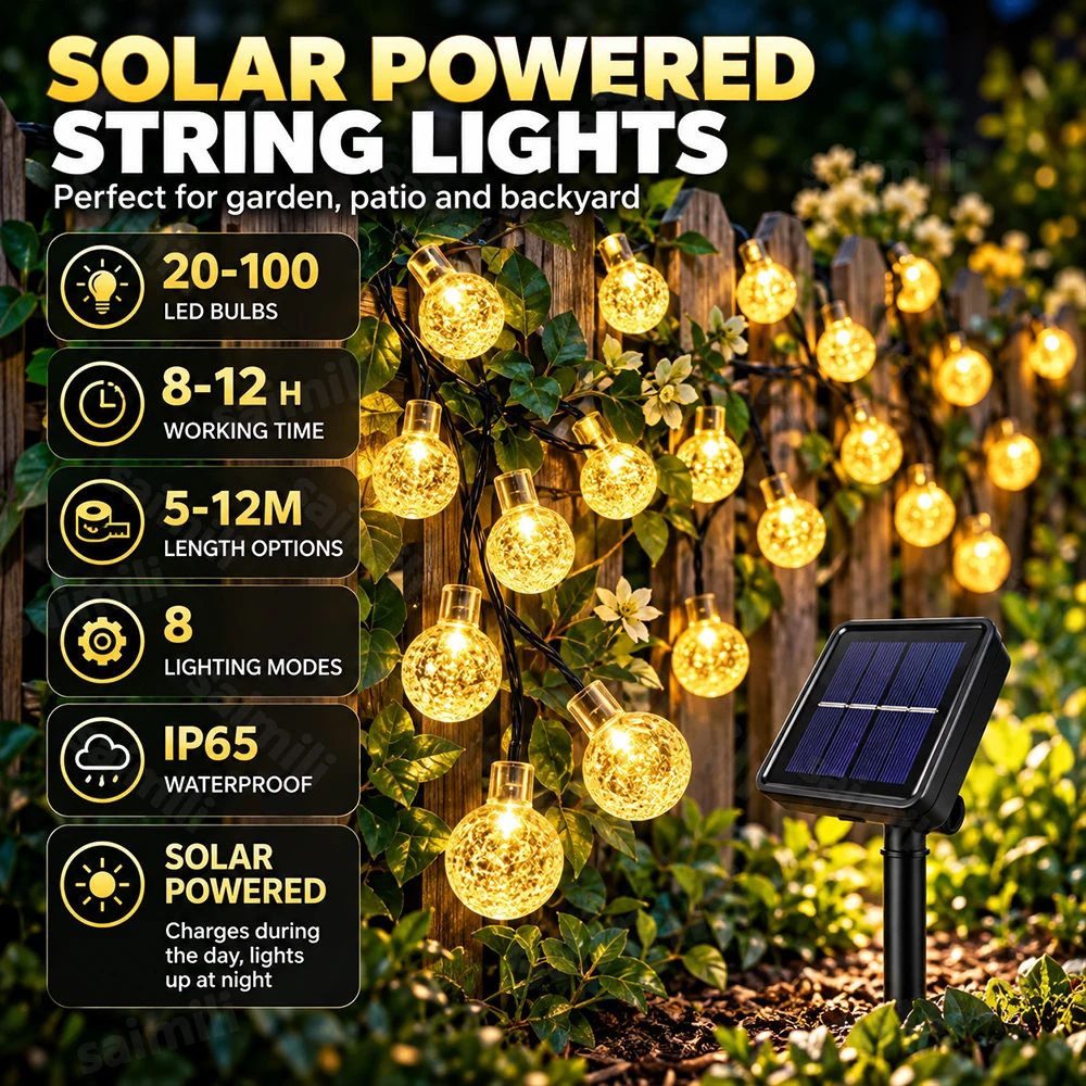 Solar Bubble Ball String Light 8 Dynamic Flash Modes Weather Resistant Solar LED Garland Lights For Holiday Party Decor Lighting
