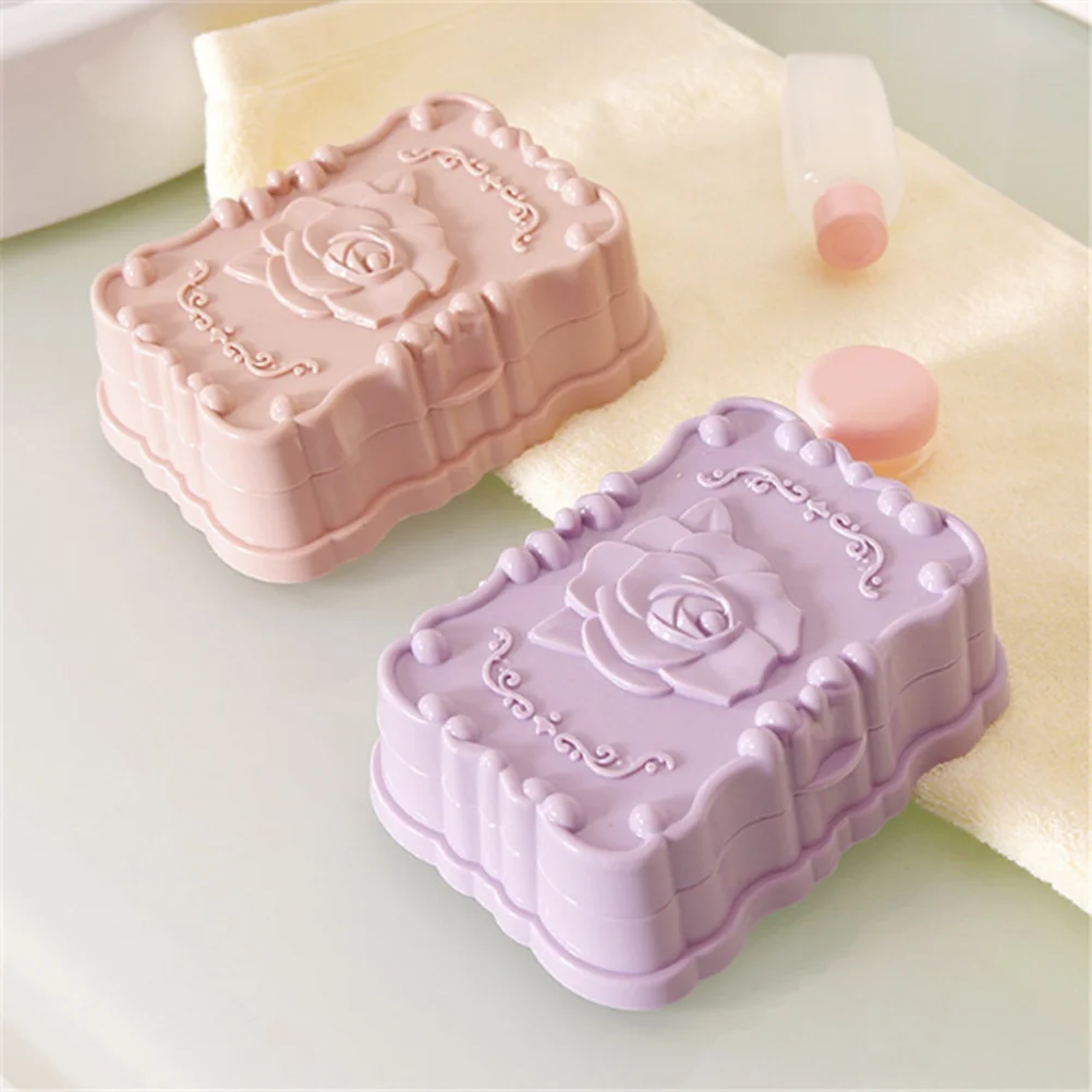 Rose Soap Box Bathroom Storage Dish Drain Rack Holder Container Case With Lid (Violet)