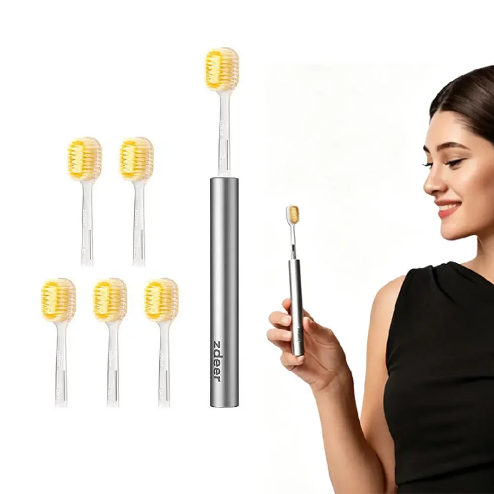 1Set Metal Handle Toothbrush with 6 Replaceable Soft Bristle Heads, Reusable Eco-Friendly Oral Care for Adults Gift