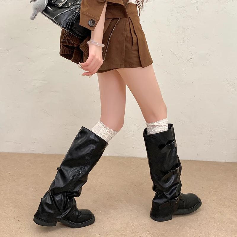 Vintage Ruched Western Women Knee High Boots Multi Metal Buckle Side Ziper Shoes Autumn Ladies Low Heel Long Booties image 3
