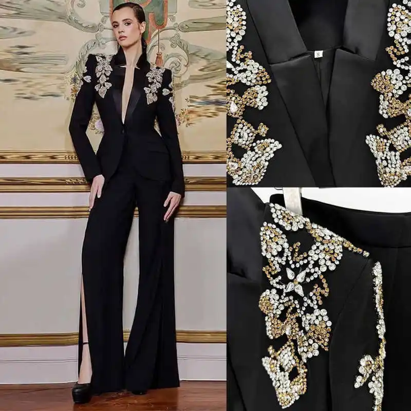 New Arrival 2 Pieces Women Suits Crystals Pants Slit Jacket Blazers Office Ladies Work Birthday Party Wear Custom Made