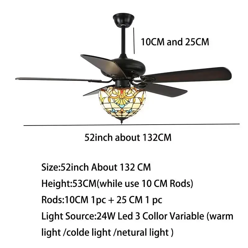42 52 Inches Tiffany Style Ceiling Fan With Light Wood Blades Remote Control Led 3 Color 24W Industrial Fans Lamp With Lights