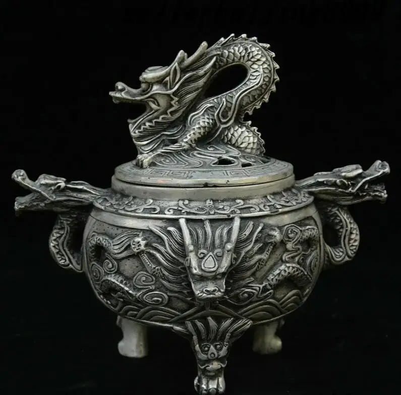 Antique Tibet Silver Fengshui Dragon Loong Beast Head Incense Burners Censer