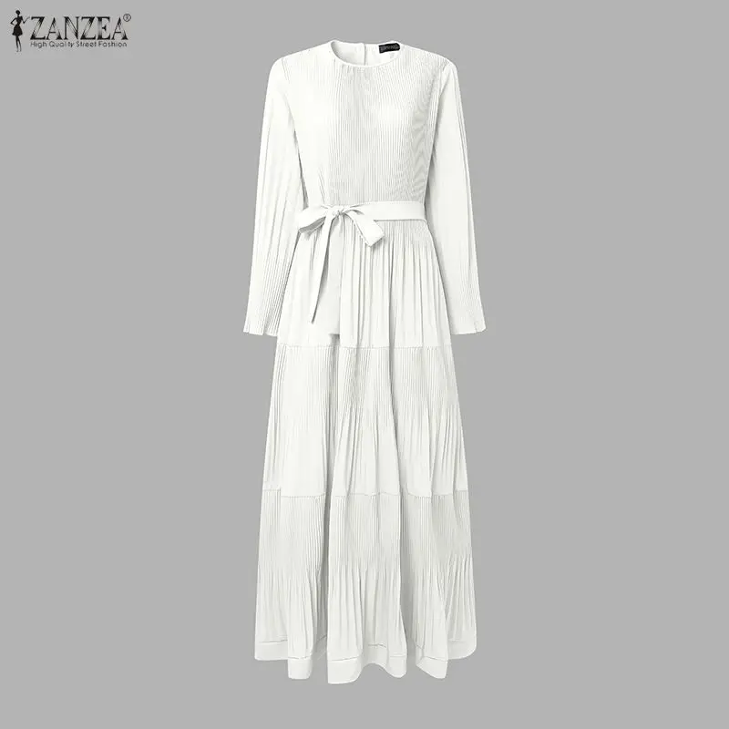 

Elegant Muslim Abaya Dress ZANZEA Spring Women Long Sleeve IsIamic Robe Dubai Hijab Dresses Solid Pleated Work Sundress Ramadan