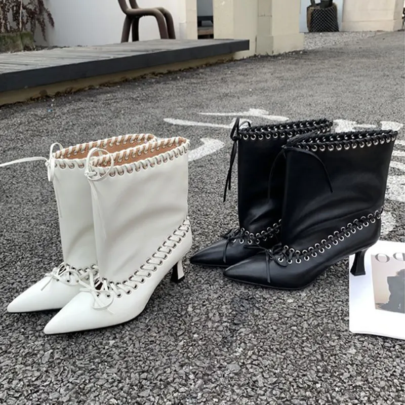 

Модные женские короткие сапоги в стиле ретро, дышащие короткие сапоги ручной работы с острым носком на среднем каблуке, удобные модные ботинки на шнуровке в один шаг