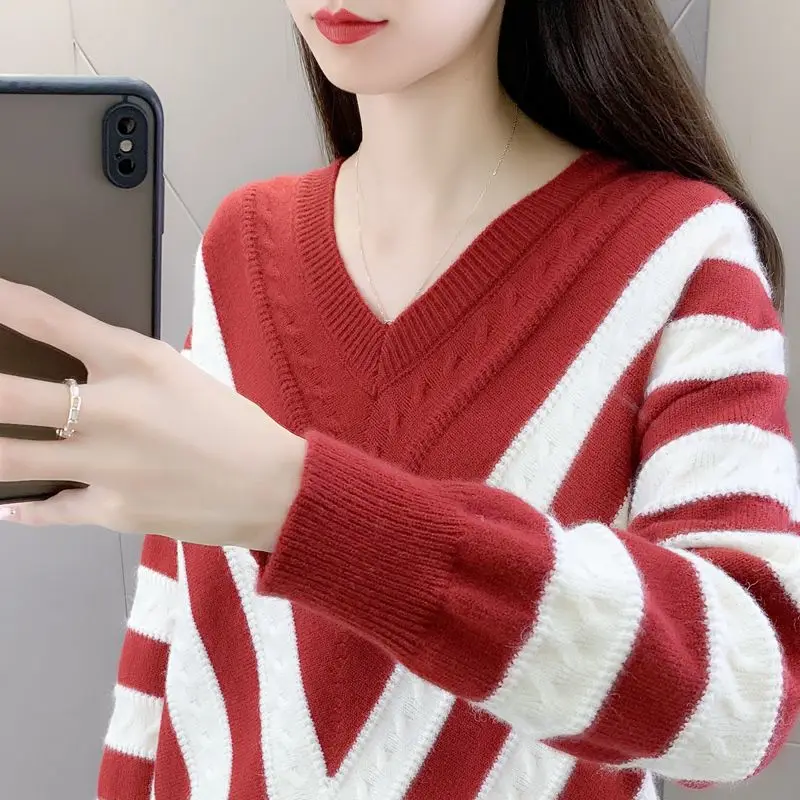 Fashion Striped Spliced Knitted Jumpers Autumn Winter Long Sleeve Female Clothing Casual V-Neck Korean Screw Thread Sweaters New