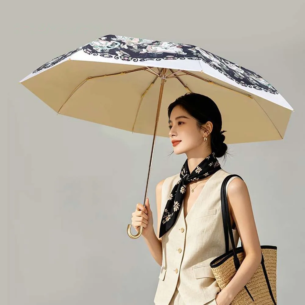 Golden Curved Hook Handle Folding Parasol 8 Ribs Anti UV Sun Rain Women Umbrella Floral Print Portable Umbrella with Storage Bag