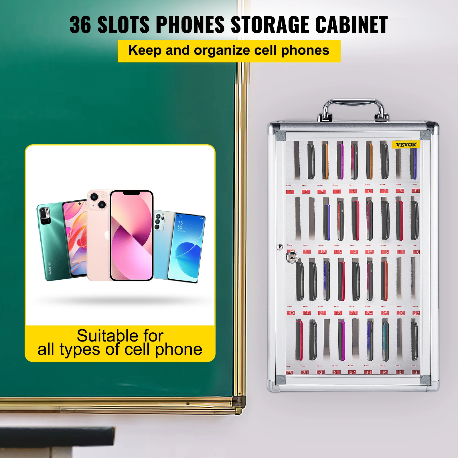 VEVOR 36 Slots Cell Phone Cabinet Silver Aluminum Alloy Pocket Chart Wall Mounted Storage Locker Box for Classroom Office Gym