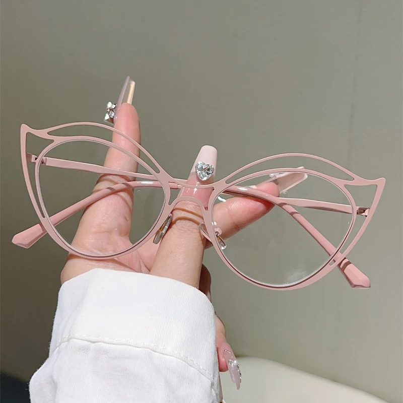 KAMMPT جوفاء حافة القط العين نظارات النساء أنيق الضوء الأزرق حجب النظارات العصرية الفاخرة العلامة التجارية تصميم ديكور إطارات بصرية