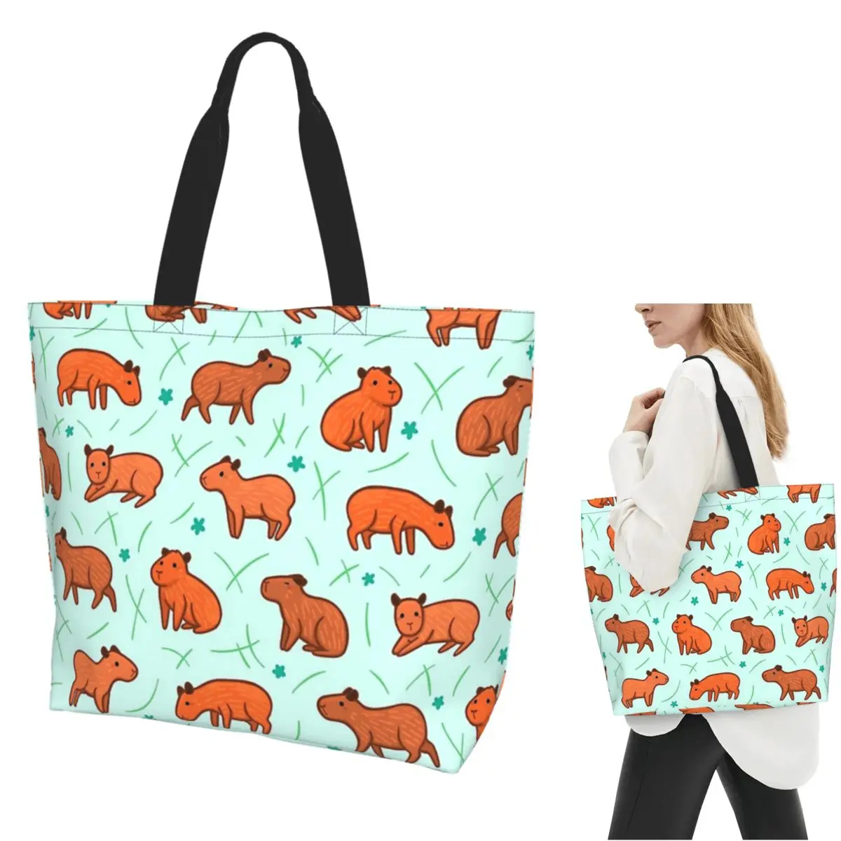 Capybara Pattern Shopping Tote Bag Canvas Large Capacity Shoulder Bags Shopper Grocery Handbag for Women